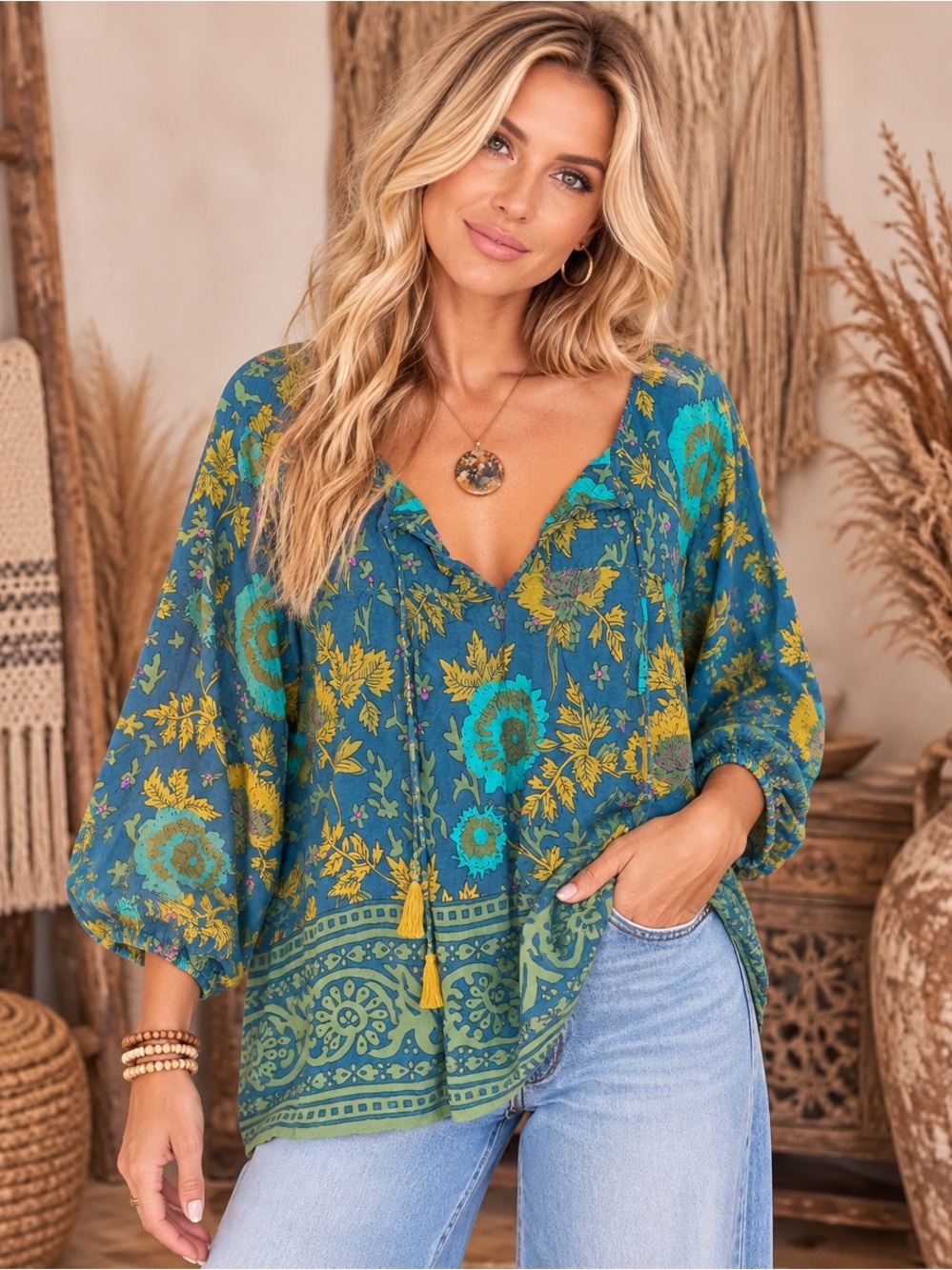 Natural Life Boho Floral Peasant Top in Teal and Yellow